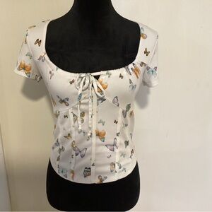 White Butterfly Tie-Front Scoop Crop Top